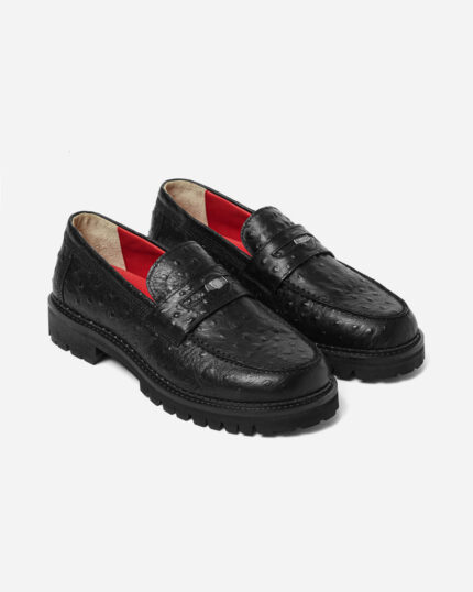 FUGAZI DSM Loafer Black Ostrich – black ostrich embossed leather penny loafer with metal badge, red lining and chunky lug sole