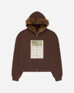FUGAZI Blood Chit Faux Fur Hood Zip Hoodie – Brown front view