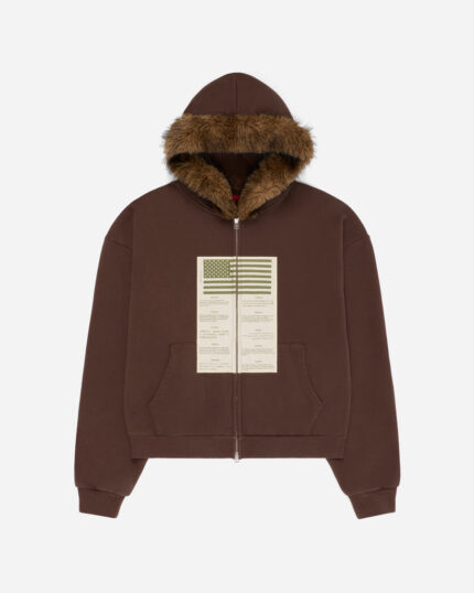 FUGAZI Blood Chit Faux Fur Hood Zip Hoodie – Brown front view