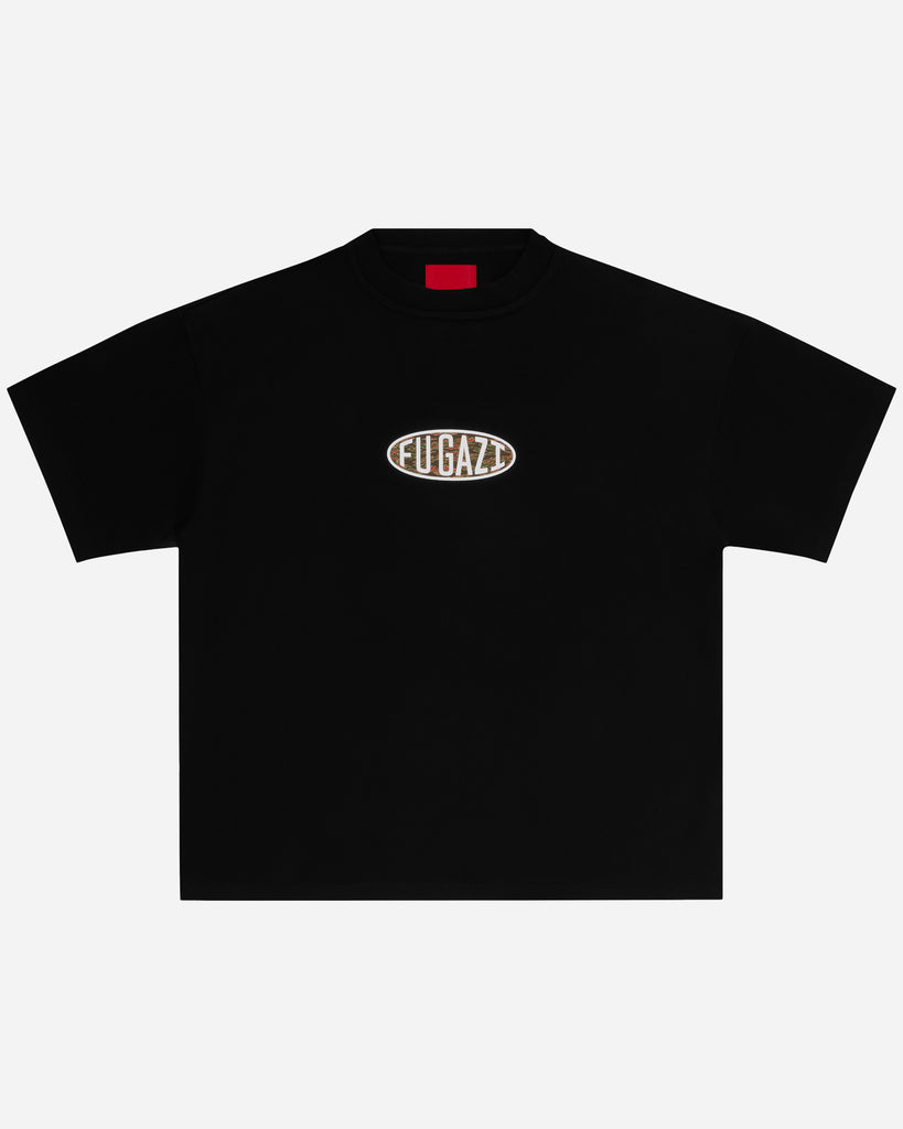 FUGAZI Tiger Camo Ogo Tee Black – Heavyweight - front view FUGAZI Tiger Camo Ogo Tee Black – Heavyweight front view