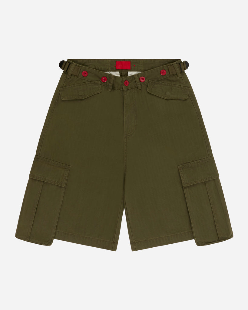 FUGAZI F-55 Baggy Cargo Shorts Olive – Utility - front view FUGAZI F-55 Baggy Cargo Shorts Olive – Utility front view