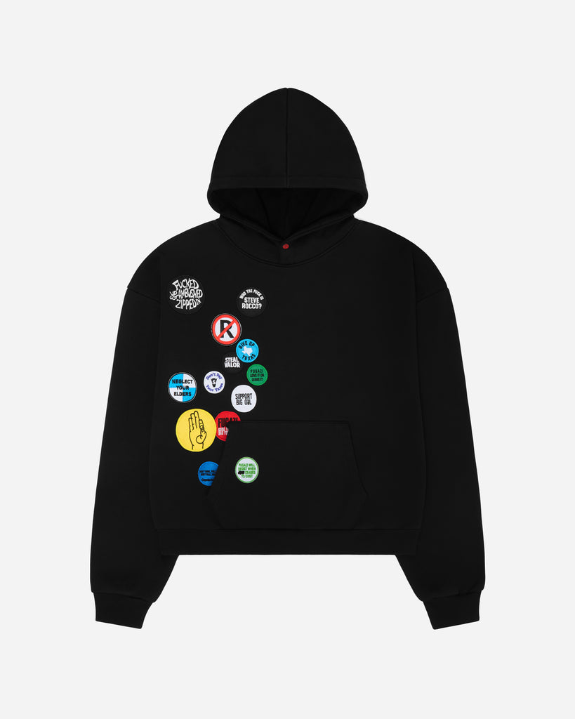 FUGAZI Embroidered Patch Hoodie – Black - front view FUGAZI Embroidered Patch Hoodie – Black front view