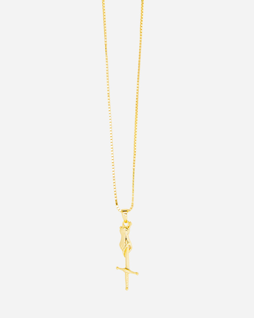 FUGAZI Hand and Dagger Necklace Gold – Pendant - front view FUGAZI Hand and Dagger Necklace Gold – Pendant front view