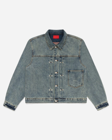 FUGAZI Novelty Denim Jacket Mud Washed – Cropped front view