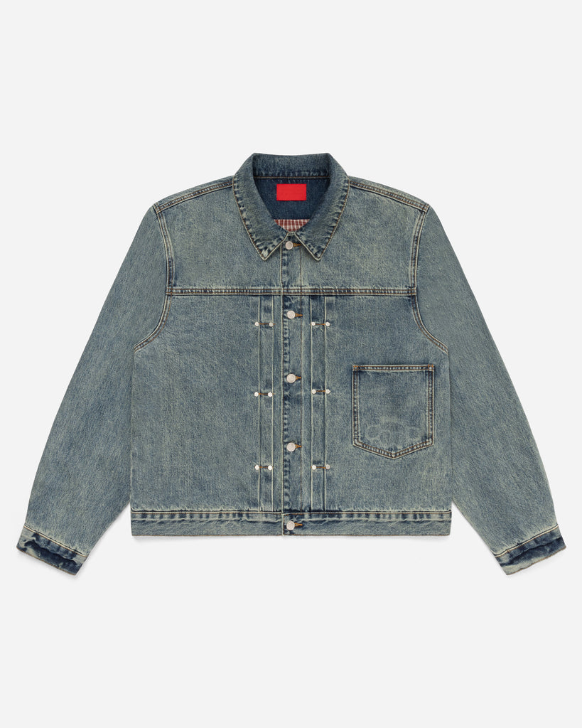 FUGAZI Novelty Denim Jacket Mud Washed – Cropped - front view FUGAZI Novelty Denim Jacket Mud Washed – Cropped front view