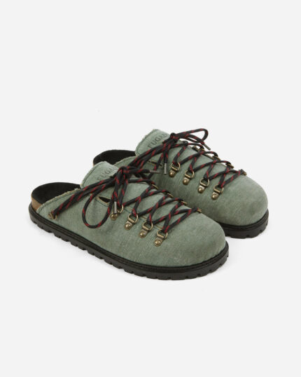 FUGAZI Tibet Mule Olive – washed olive canvas lace up mule with brass D-ring eyelets, red and black rope laces and black lug sole