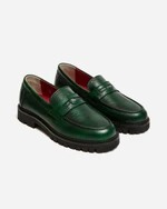 FUGAZI DSM Loafer Green – dark green leather penny loafer with red lining and chunky black lug sole