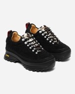 FUGAZI Trail Hiker Black – black suede hiking low top shoe with speckled laces, red heel tab and chunky lug sole