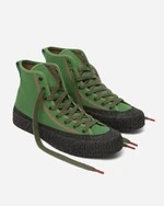 FUGAZI Canvas High Top Olive / Black – olive green canvas high top sneaker with speckled black rubber sole and red lace tips