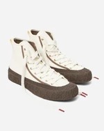 FUGAZI Canvas High Top Cream / Brown – cream canvas high top sneaker with speckled brown rubber sole and red lace tips